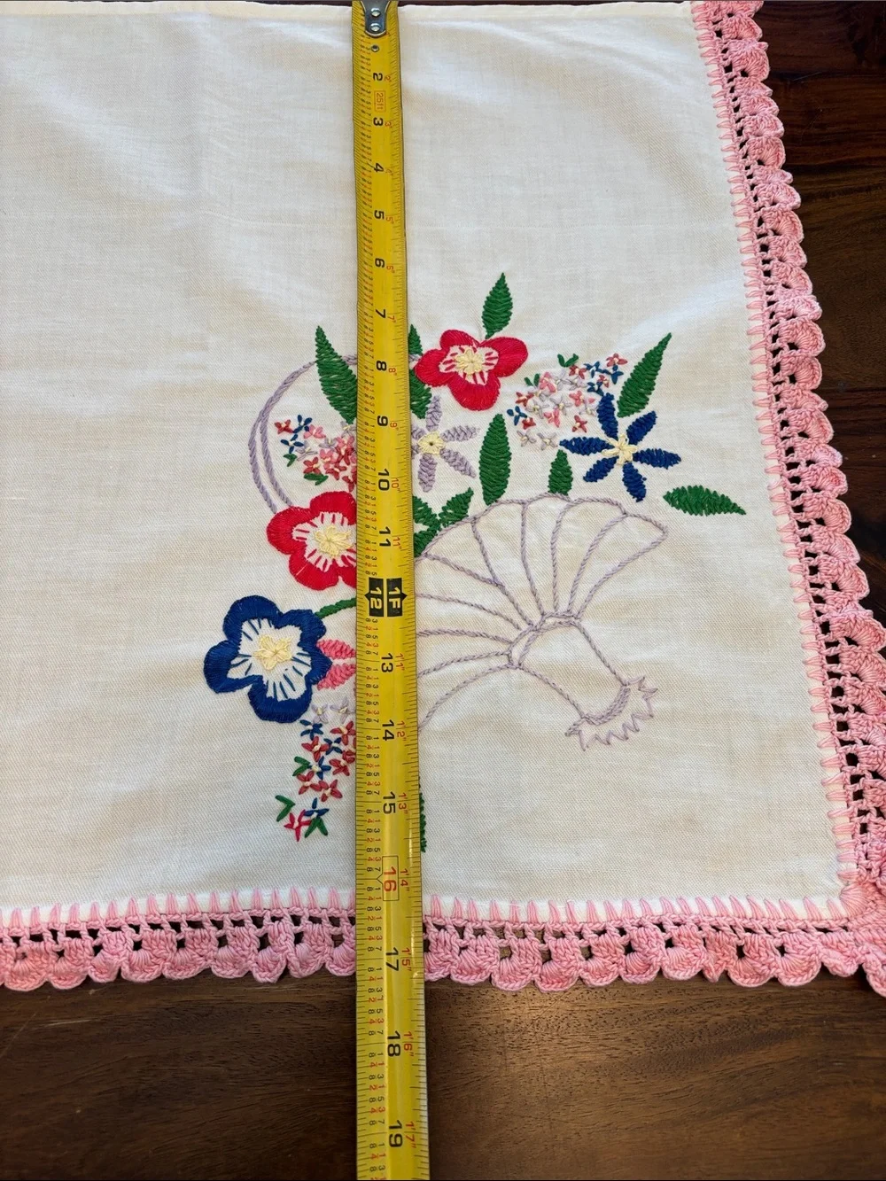 Embroidered Floral Linen Runner with Pink Crochet Trim- Fabulous!